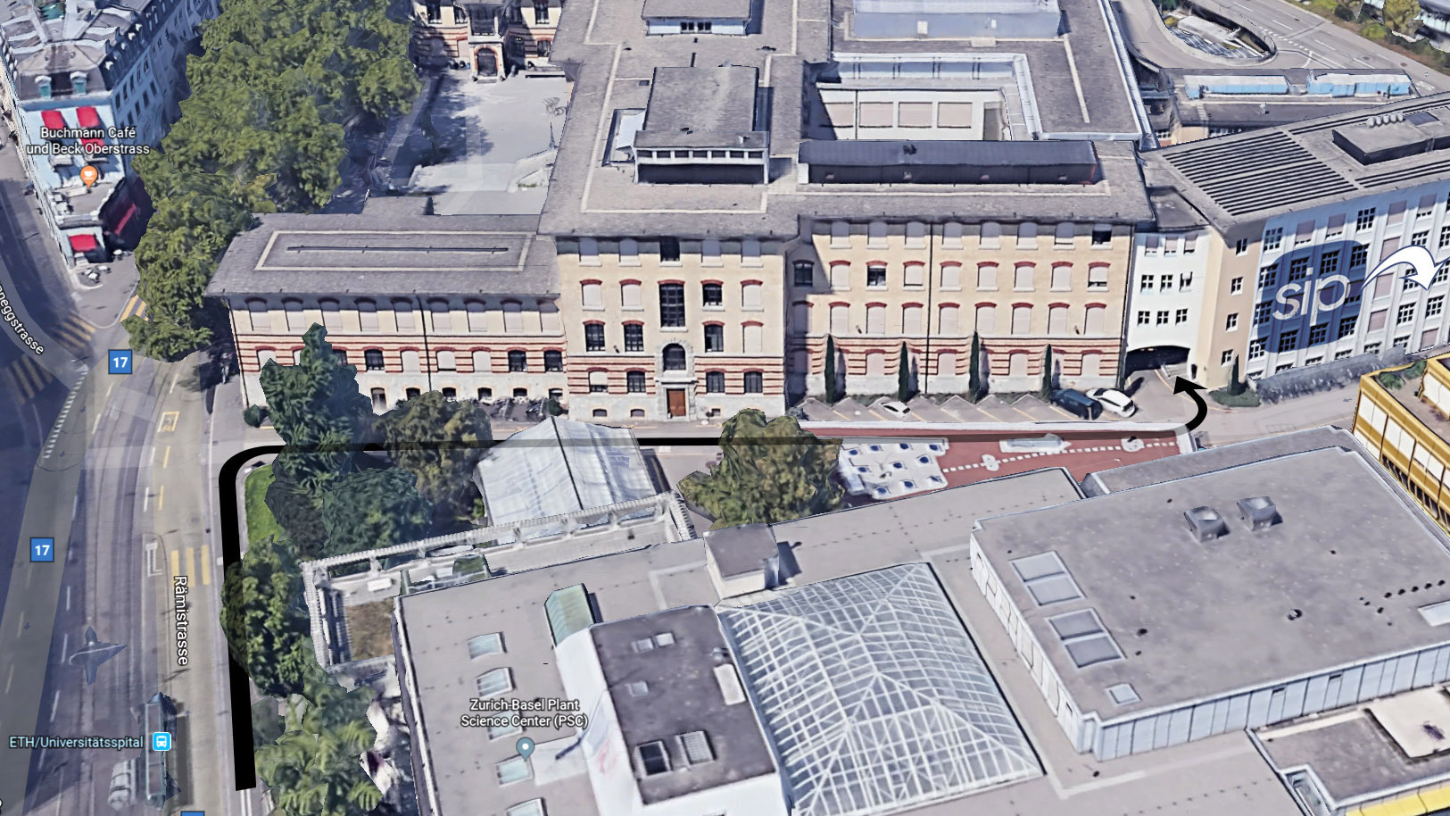 3D aerial view of walking directions to ETH CNB Building from tram station ETH/Universitätsspital
