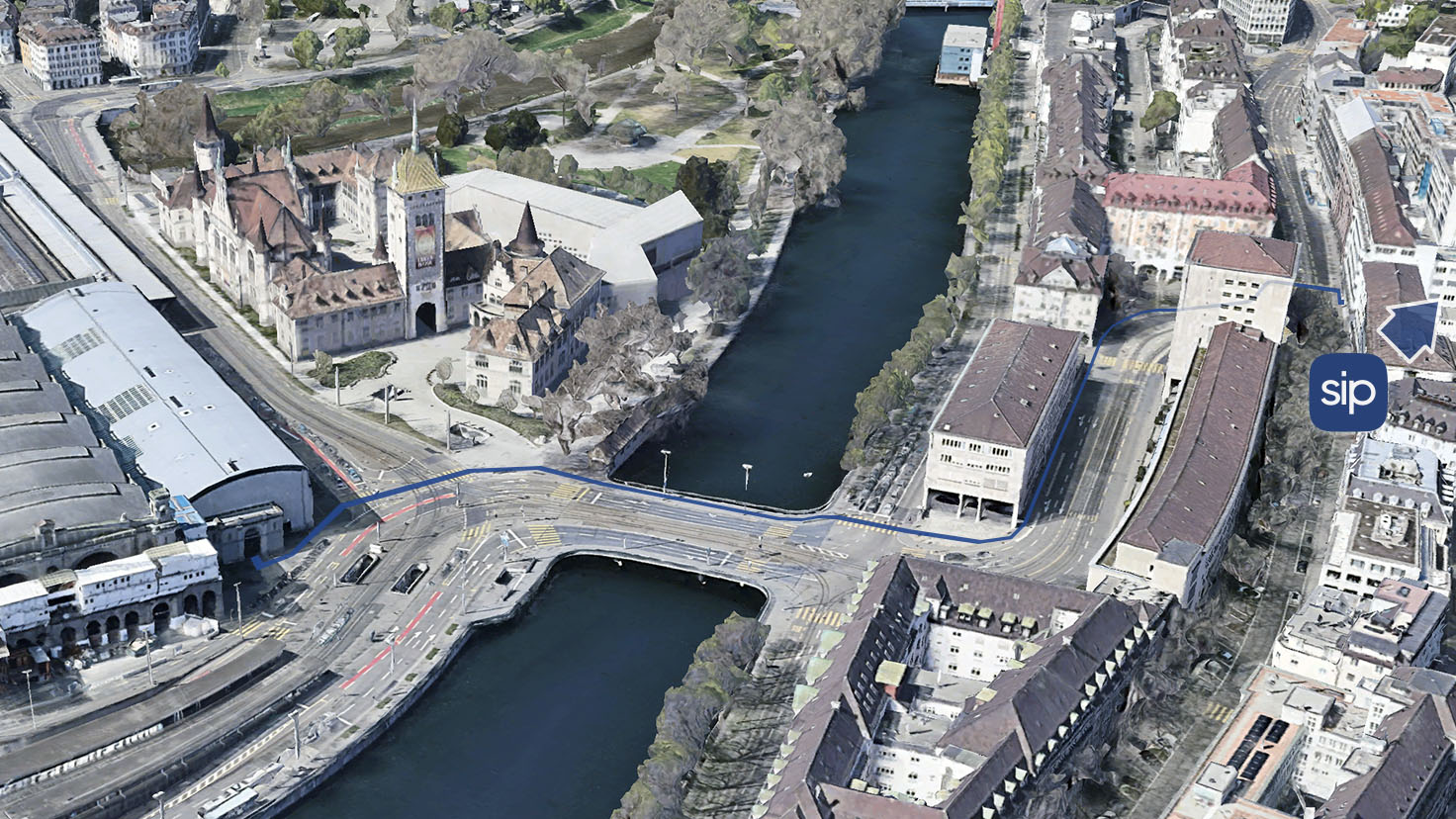 3D aerial view of walking directions to ETH STD Building from HB Zürich