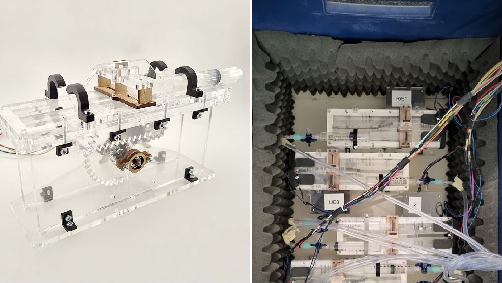 An actuation block with the stepper motor, 3:1 gear reduction, and a rack to compress